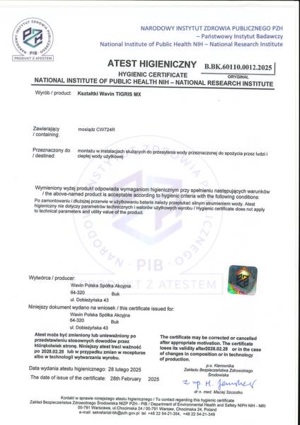 Atest PZH B.BK.60110.0012.2025 Kształtki Wavin Tigris MX