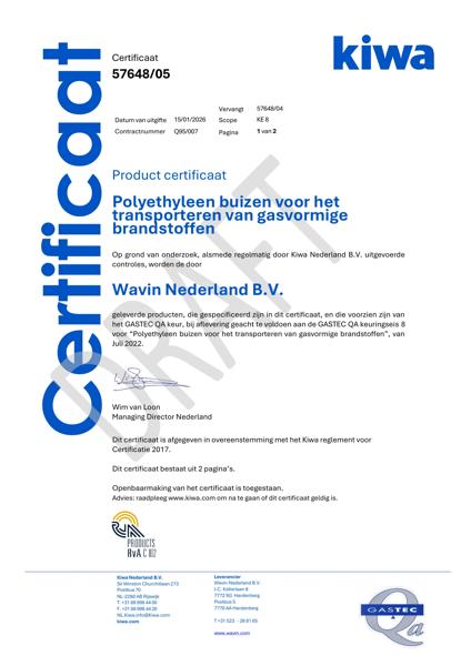 Certificaat GASTEC QA Q95/007 K57648/04 Polyethyleen buizen voor het transporteren van gasvormige brandstoffen