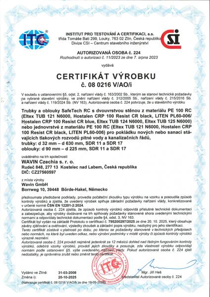 Certifikát: SafeTech RC - voda a kanalizace 