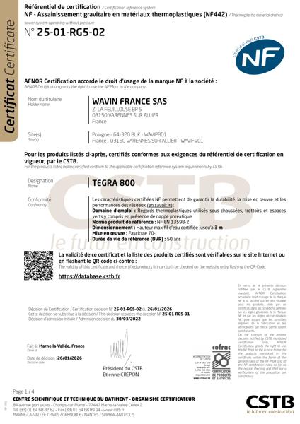 Certificat NF 442 - Tegra 800