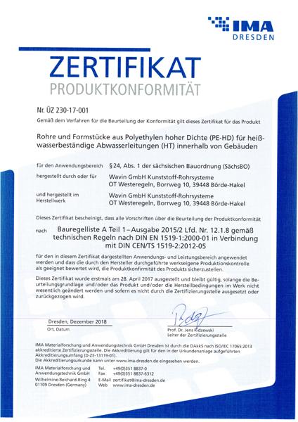 Zertifikat Produktkonformität Rohre und Formstücke aus Polyethylen hoher Dichte Abwasserleitungen (HT)