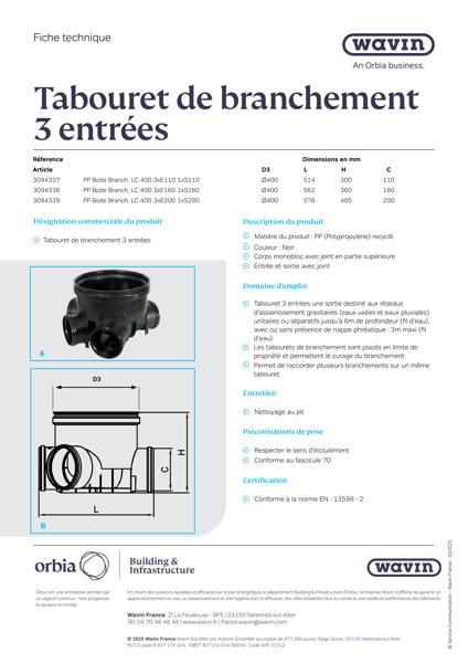 Fiche technique - Tabouret de branchement 3 entrées