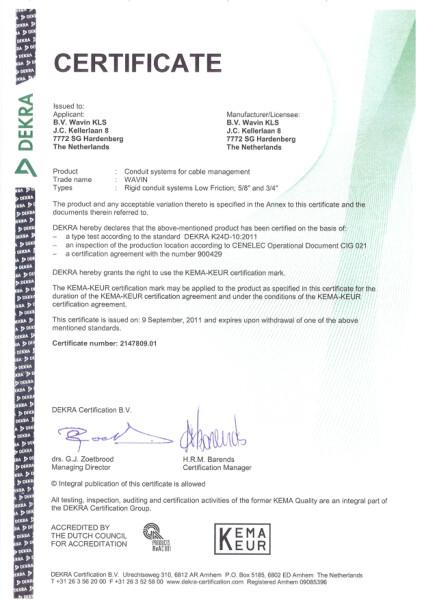 Certificaat KEMA-KEUR 2147809.01 PVC Low Friction elektrobuizen (star)
