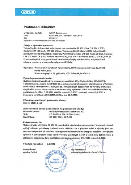 Prohlášení PE 100, PE 100RC trubky - voda