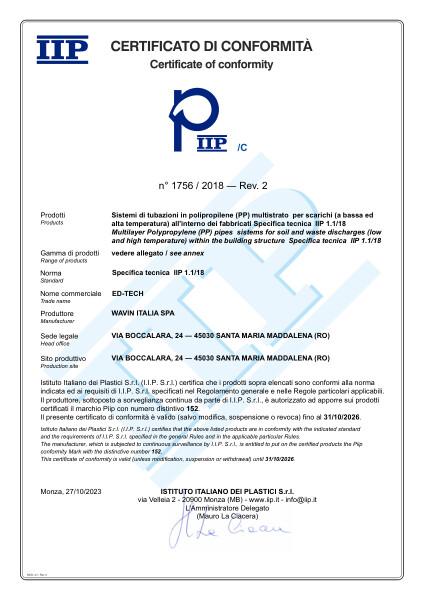 Certificato di conformità sistemi di tubazioni in polipropilene (PP) multistrato per scarichi Wavin ED-Tech