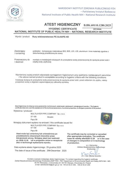 Atest PZH B.BK.60110.1280.2025 Rury PE-Xc/AL/PE-HD