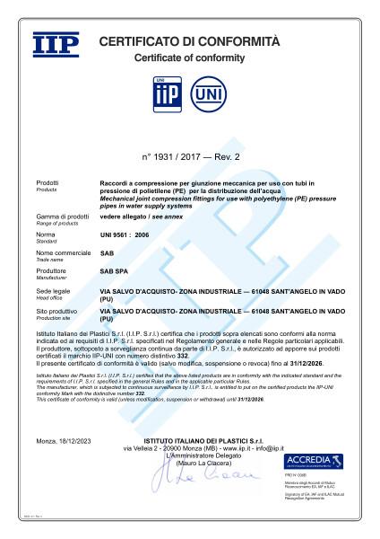 Certificato di conformità Wavin Press-Ring raccordi a compressione per tubi in PE