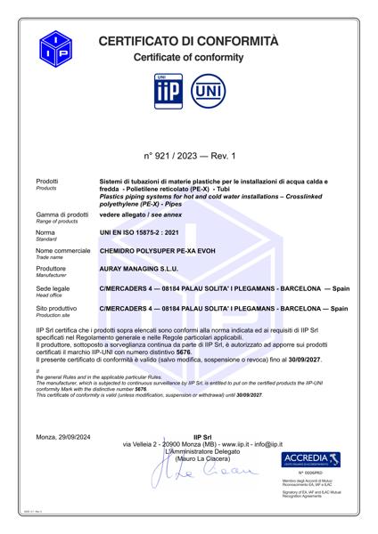Certificato IIP UNI EN-ISO 15875-2 Chemidro Polysuper PE-Xa