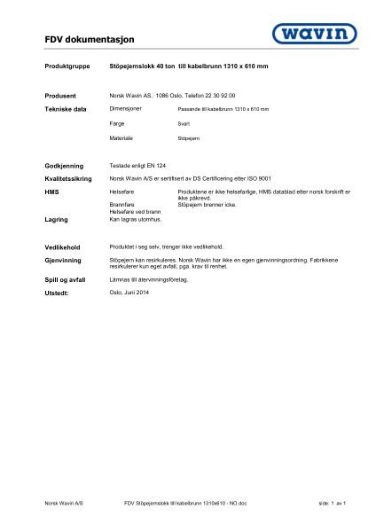 Wavin FDV Støpejernslokk 40 tonn til kabelkum 1310x610 mm