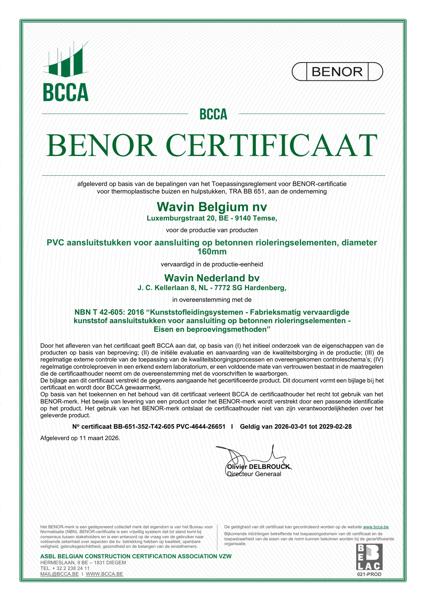 Certificaat BENOR PVC NBN T42-605 PVC aansluitstukken voor aansluiting op betonnen rioleringselementen, DN160