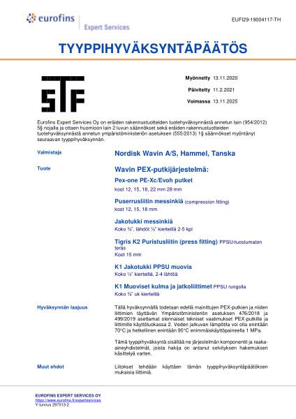 Sertifikaatit – No. EUFI29-19004117-TH – Wavin PEX-putkijärjestelmä