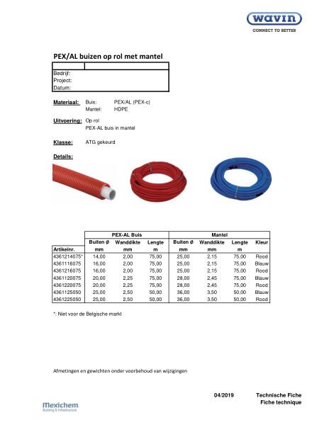 Technische fiche / Fiche technique PEX/AL buizen op rol met mantel / Tuyaux PEX/AL en gaine en rouleau