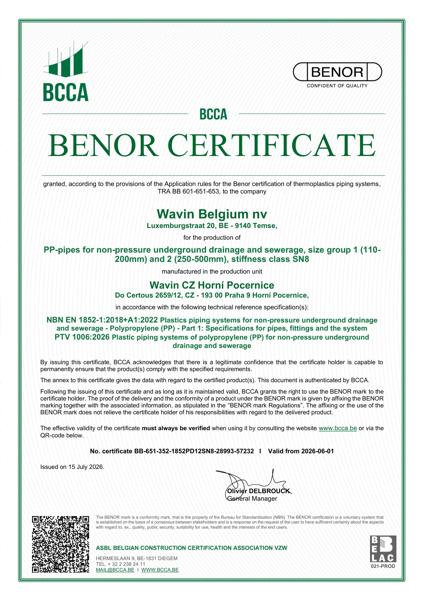 Certificate Benor PP EN 1852 Tubes D1,D2 and D3 SN8 Horni Porcernice - valid from 01-06-2026