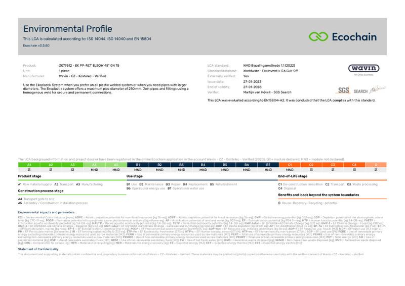 Wavin - CZ - Kostelec - Verified-3079512 - EK PP-RCT ELBOW 45 GN 75-2020-environmental-profile 2023-05-23 1644