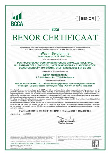 Certificat BENOR PVC EN 1401 PVC-hulpstukken voor ondergrondse drukloze riolering C1, C2 et C3 SN4 en SN8 Wavin NL