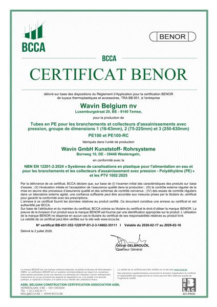 Certificat BENOR PE EN 12201 Tubes en PE pour les branchements et collecteurs dássainssements avec pression D1 et D2 Westeregeln - Valable au 16-02-2029