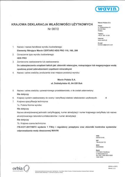 KDWU 087/2 Elementy filtrujace Certaro HDS PRO 110, 160, 200