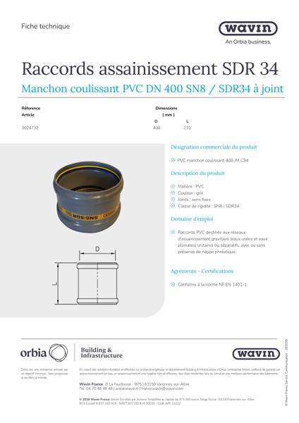 Fiche Technique Manchon coulissant 400 SDR34 - 3024732