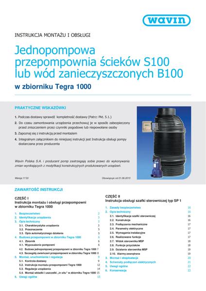 Instrukcja montażu  Jednopompowa przepompownia ścieków S100 lub wód zanieczyszczonych B100