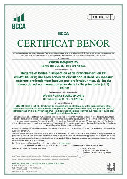 Certificat BENOR PP EN 13598-2 Regards et boîtes d'inspection et de branchement en PP Tegra DN425/600/800 BUK - Valable au 30-04-2023