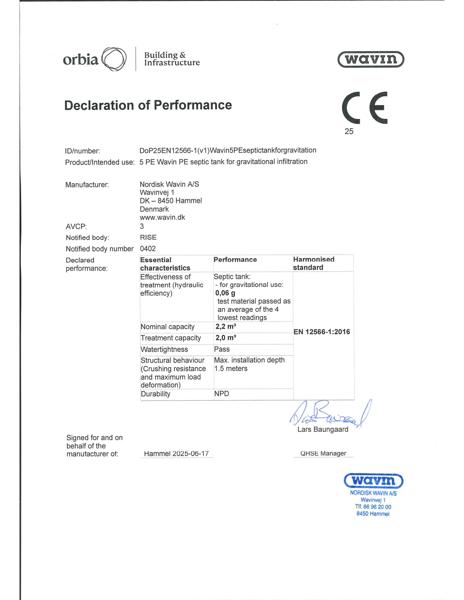 Declaration of Performance (DoP) - EN 12566-1:2016 - 5 PE Wavin PE septic tank for gravitational infiltration