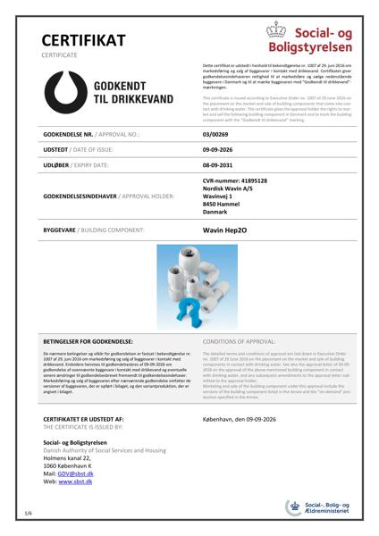 Godkendelse - No. 03/00269 - Godkendt til drikkevand - Wavin Hep20