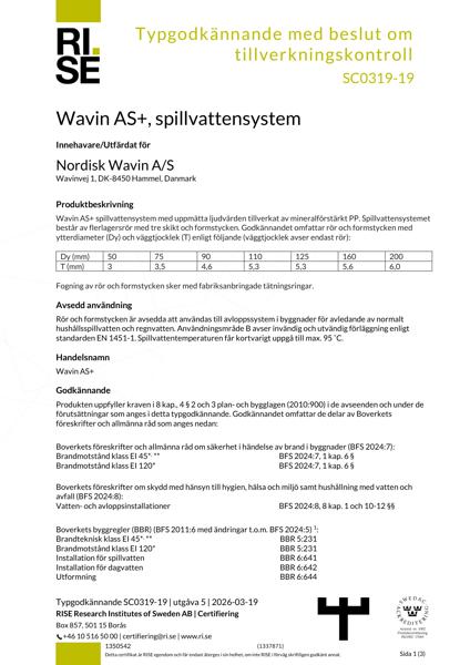 RISE  Typgodkännande - Wavin AS+, spillvattensystem - No. SC0319-19