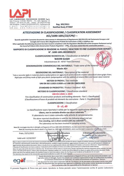 Rapporto di classificazione di reazione al fuoco Wavin AS+ 2022-2027