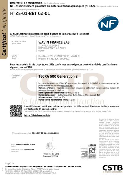 Certificat NF 442 - TEGRA 600 G2