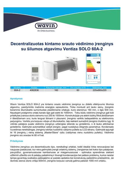 Techninis duomenų lapas Ventiza SOLO 60A-2