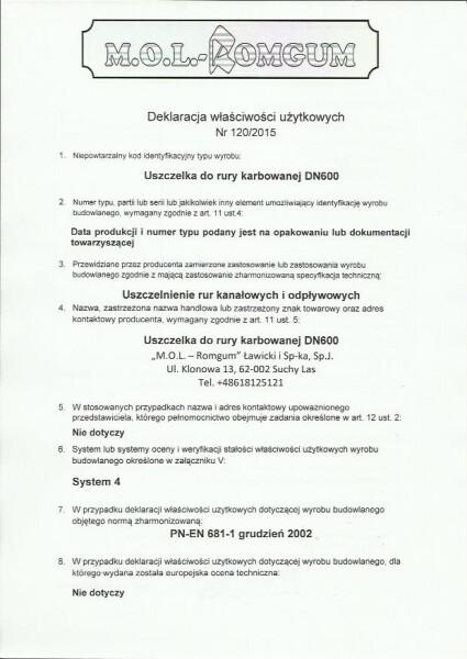 Deklaracja właściwości użytkowych CE DoP 120_2015_Uszczelka do rury karbowanej DN600