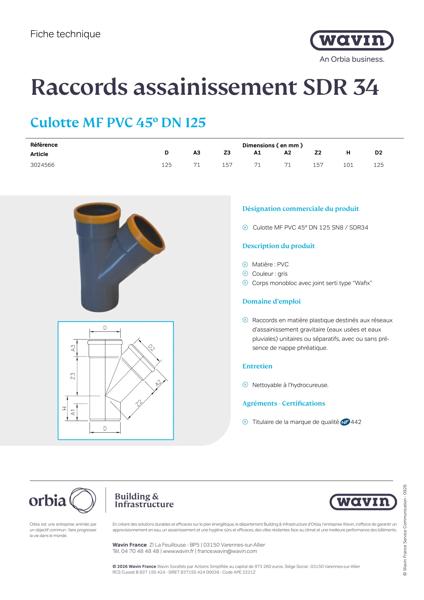 Fiche technique Culotte MF 45° DN125 SDR 34 - 3024566