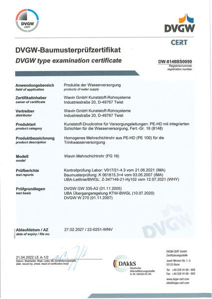 DVGW Zertifikat Wavin SafeTech ab 250mm