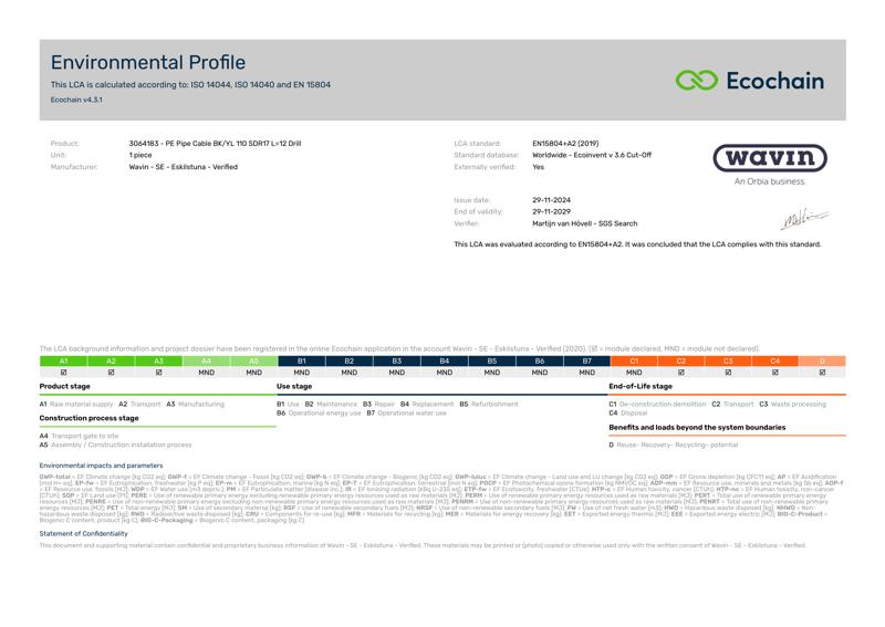 Wavin - SE - Eskilstuna - Verified-3064183 - PE Pipe Cable BKYL 110 SDR17 L12 Drill-2020-environmental-profile 2025-04-09 1508