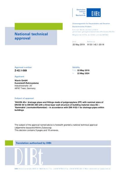 Certificaat DIBT Bescheid Z-42.1-569 DIN 4102-1 AS+ Buizen en fittingen DN50 - DN200
