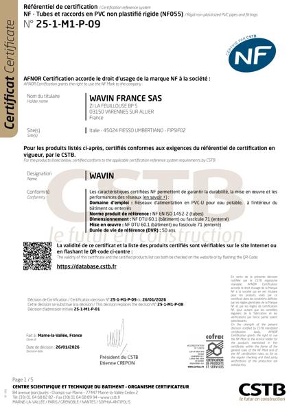 Certificat NF 055 - Tubes Pression