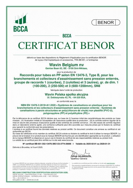 Certificat BENOR PP EN 13476-3 composants C1, C2 et C3 valable au 31.01.2028