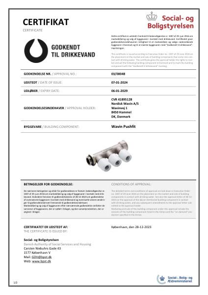Godkendelse - No. 03/00048 - Godkendt til drikkevand - Wavin Pushfit