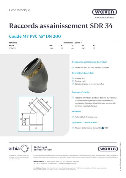 Fiche Technique Coude MF PVC 45° DN 200 - 3024731