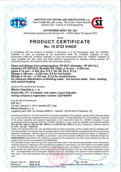 Product Certificate Pipes and Fittings PP-RCT