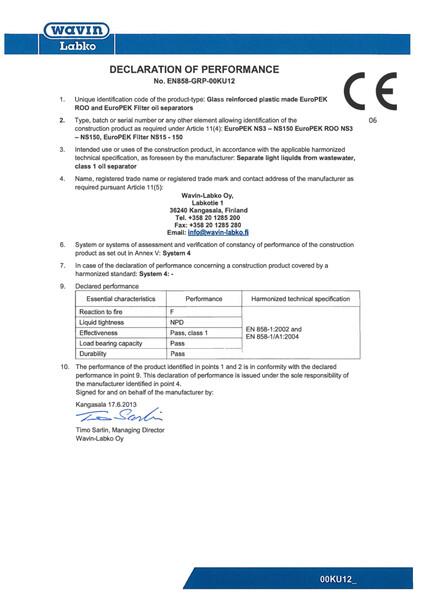 Veiktspējas deklarācija - naftas produktu atdalītājiem (regula 305-2011) ENG