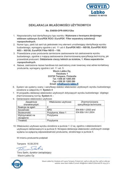 Deklaracja Właściwości Użytkowych DoP00KU12_EuroPEK Roo_EuroPEK Filter_GRP
