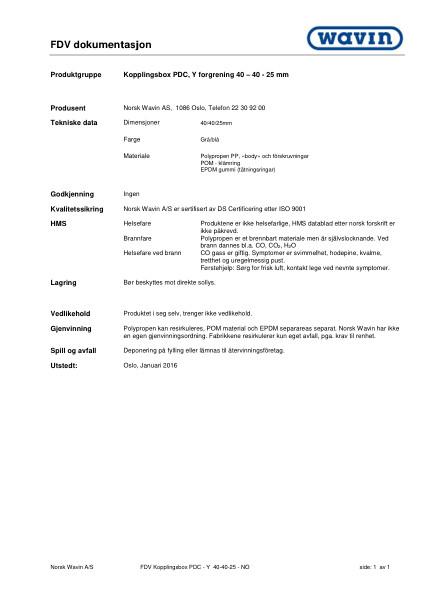 FDV Wavin kopplingsboks PDC, Y forgreining 40-40-25 mm