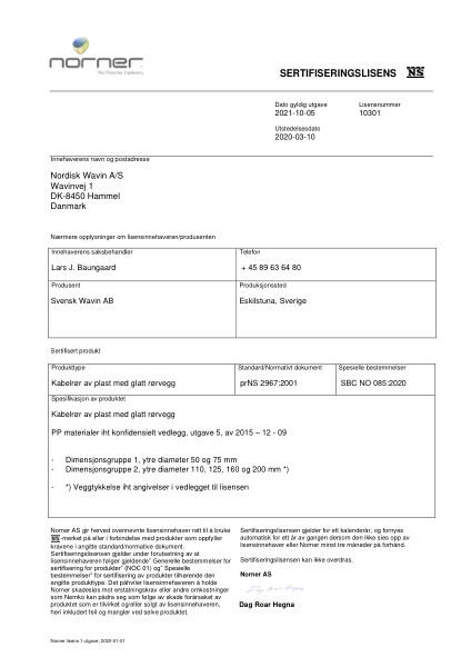 Godkjennelse - No. 10301 - Kabelrør av plast med glatt rørvegg