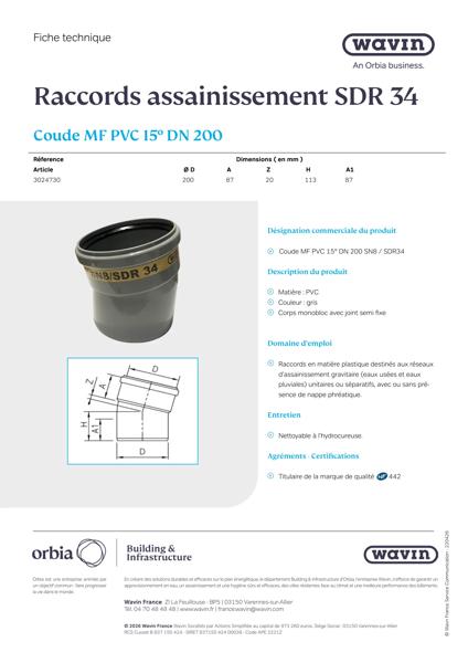 Fiche Technique Coude MF PVC 15° DN 200 - 3024730