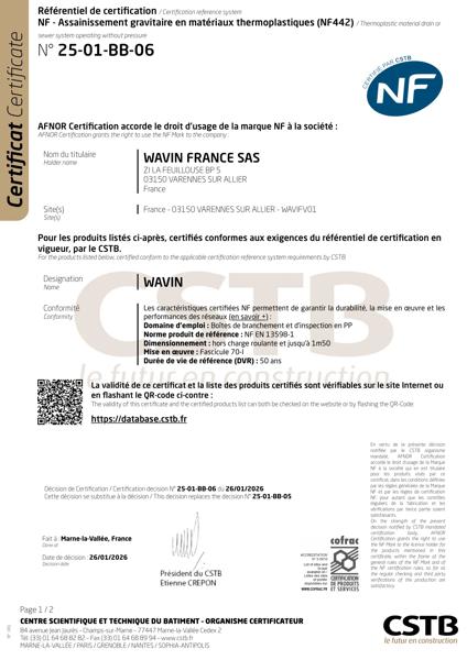 Certificat NF 442 - Boite Branchement - Varennes