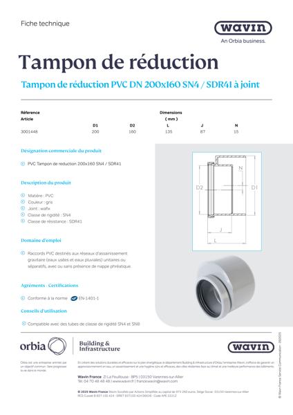 Fiche technique - Tampon de réduction SDR41 à joint