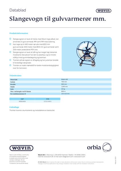 Datablad - Slangevogn til gulvvarmerør mm.