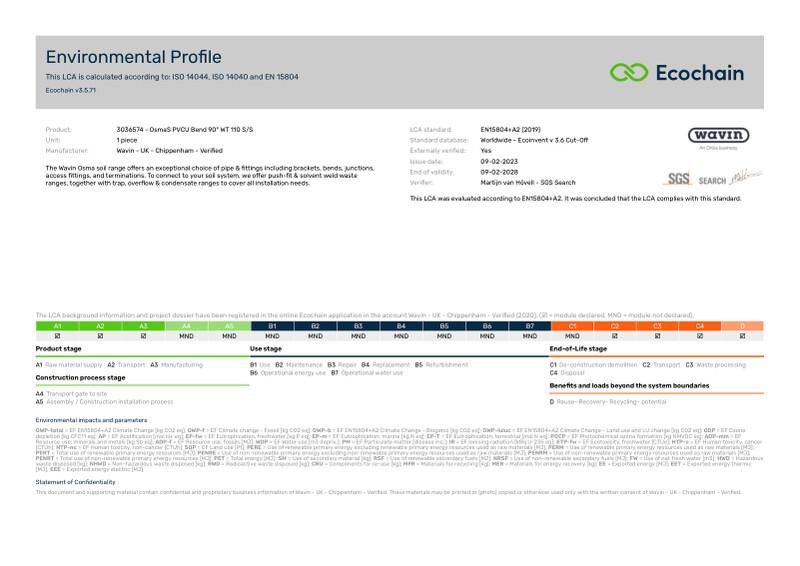 Wavin - UK - Chippenham - Verified-3036574 - OsmaS PVCU Bend 90 WT 110 SS-2020-environmental-profile 2023-04-24 1336