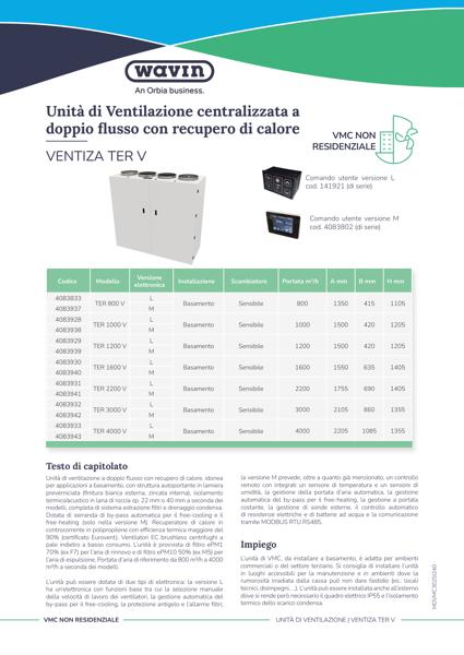 Scheda tecnica unità di Ventilazione centralizzata a doppio flusso con recupero di calore VENTIZA TER V
